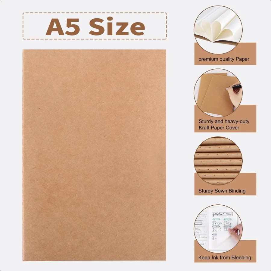 48 cuadernos Kraft en blanco, diarios a granel para 60 páginas, 80GSM, 8,3X5,5 pulgadas, juego de diarios de viaje para viajeros, estudiantes y oficinas