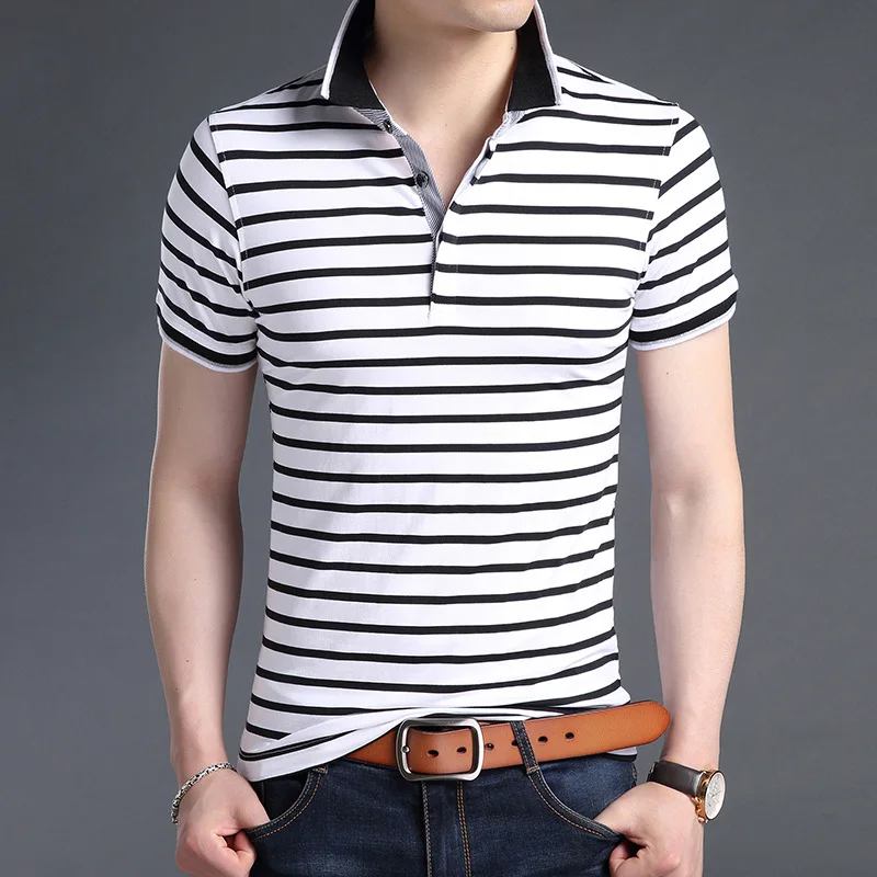 

Summer New Youth Men's Korean Thin Short Sleeved T-shirt Panelled Lapel Button Patchwork Print Stripes Fashion Casual Cotton Top