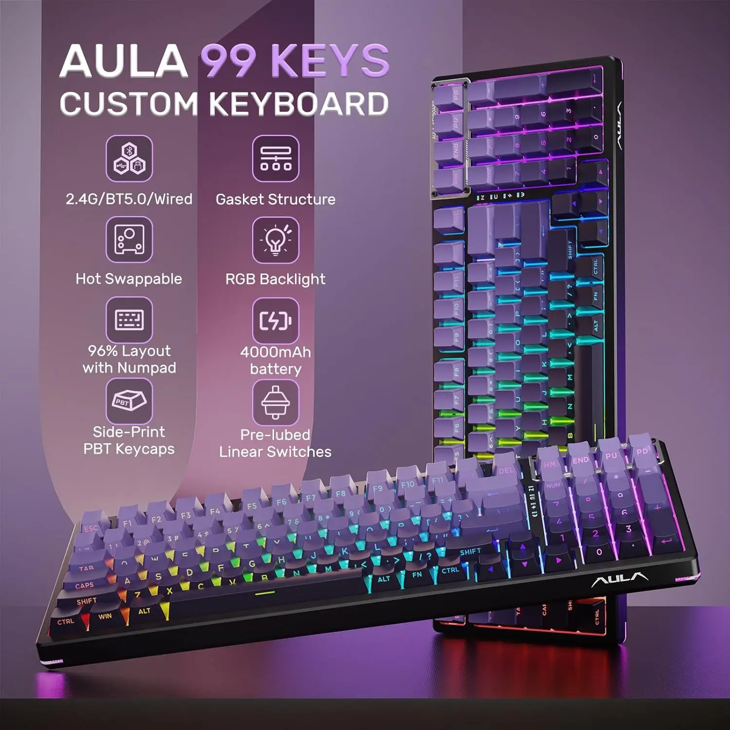 

AULA F98 Mechanical Keyboard Tri-mode Full-size BT/2.4G/USB-C Backlight 99 Keys Customized Gaming keyboard for PC Laptop
