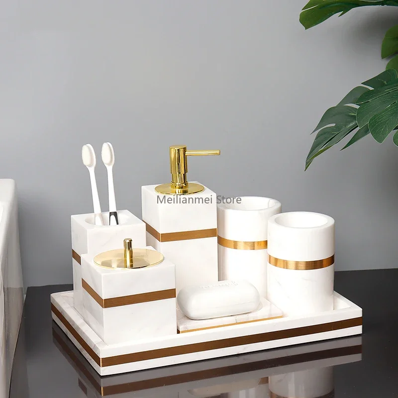 White Natural Marble Bathroom Accessories Golden Luxury Soap Dispenser Soap Dish Tray Tissue Box Bathroom Set bathroom decor