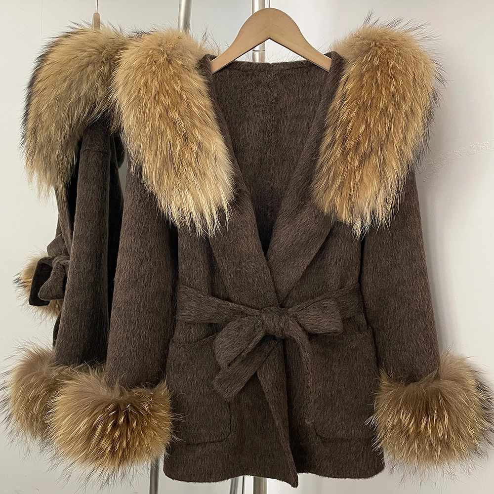 Women's Wool Coat Oversized Double Face Coat Warm Layer Luxury Commuting Wear Cold Season Fur Collar Belted Wrap Coat for Ladies