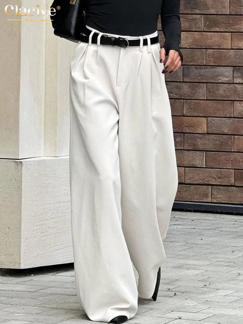 Clacive Fashion Loose White Office Women's Pants 2025 Casual High Waist Wide Trousers Elegant Full Length Pants Female Cltohing