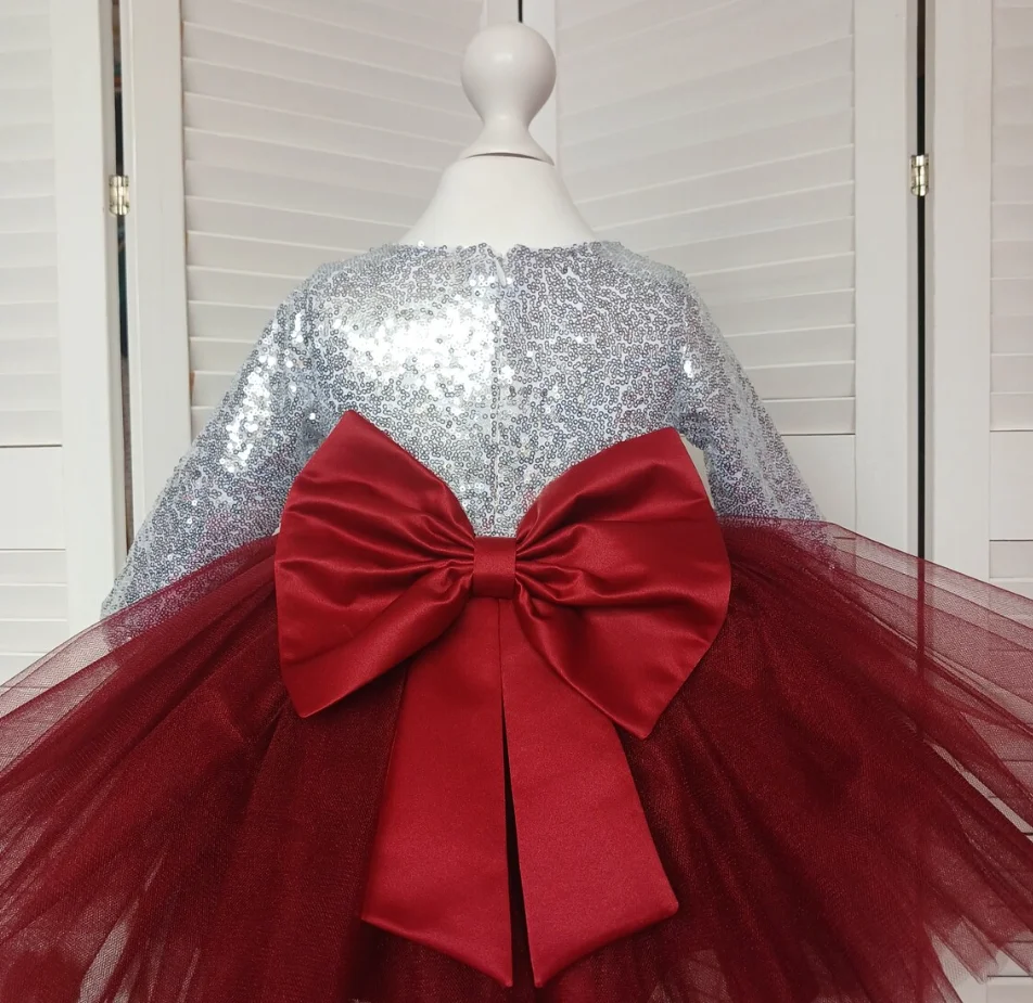 Poinrobe à fleurs avec nœud pour filles, robe d'anniversaire à paillettes argentées, tutu en tulle pour tout-petits, tenue élégante