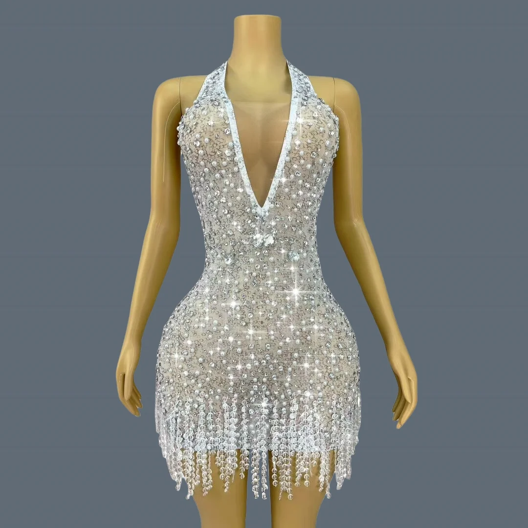 

Sexy Deep V-neck Mesh Dress Spicy Girl Evening Dress Sparkly Rhinestone Mini Dress Nightclub Birthday Party Dress Tiantianquan