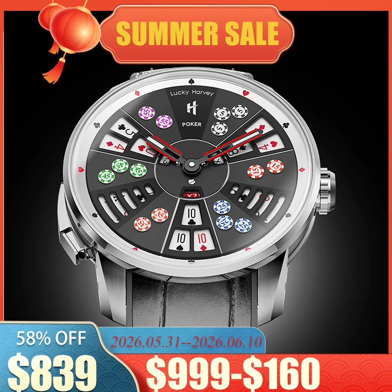 Lucky Harvey Funny Play Three Card Poker Design Mechanical Watch for Men Automatic Moving Doll Movement Wristwatches with Games