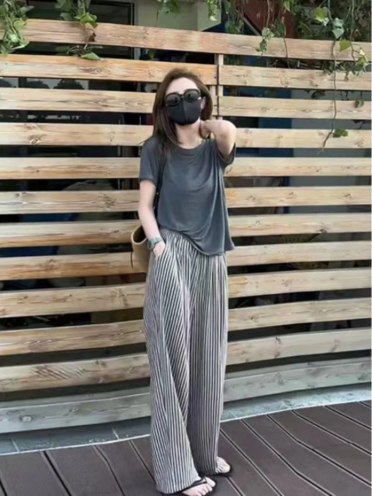 Pantalon coréen à jambes larges pour femmes, fin, ample, amincissant, élastique, taille haute, droit, décontracté, Long, été