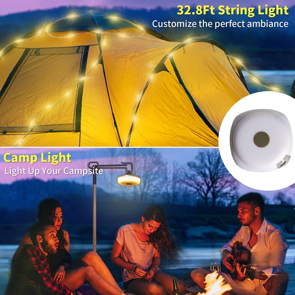 Portable Camping Lights 2 in 1 USB Rechargeable Outdoor String Lights 5 Modes Adjustable Brightness String Light For Yard Garden