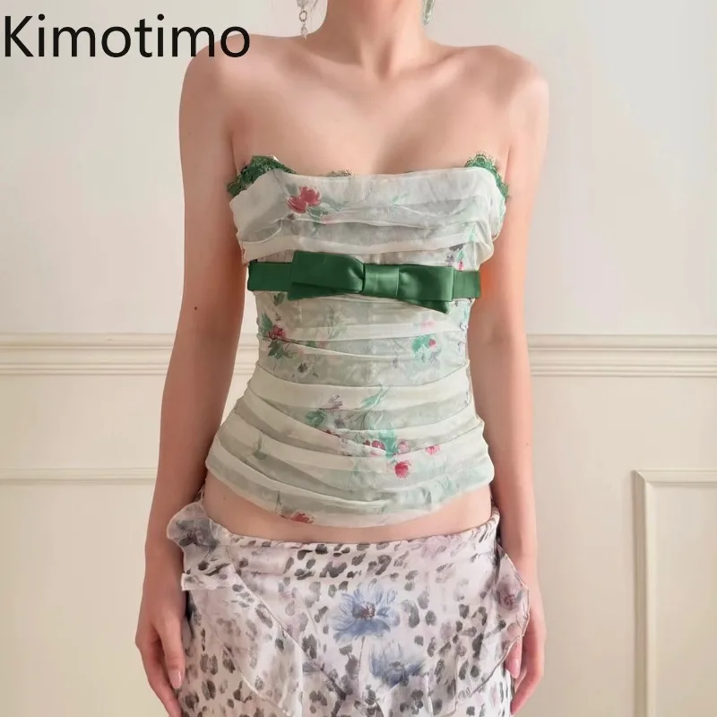 

Сексуальный укороченный топ Kimotimo с принтом, сетчатыми вставками и бантом, без бретелек, для женщин, летний, для отпуска, с драпировкой, приталенный, винтажный дизайн Y2K