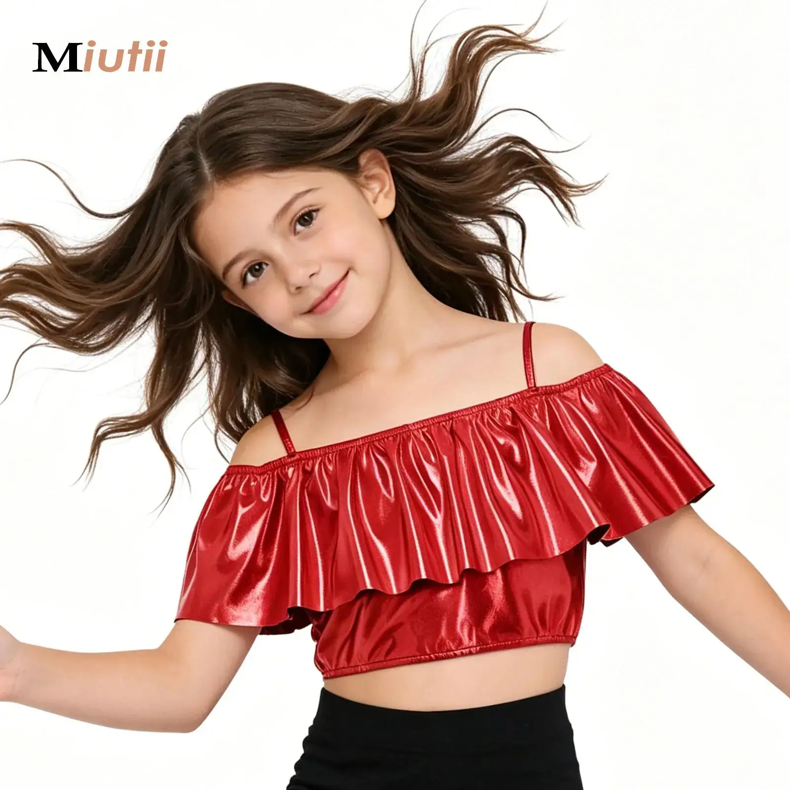

Kids Girls Jazz Dance Tops Metallic Shiny Sequins Crop Top for Ballet Gymnastics Figure Skating Stage Performance Dance Wear