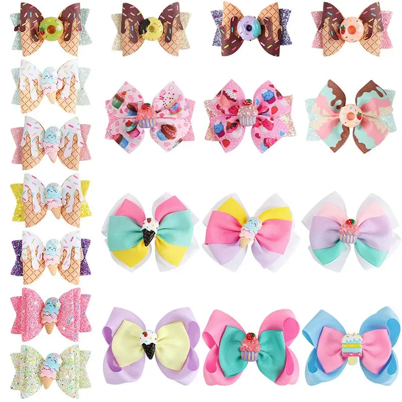 Sweet Ice Cream Hair Clips For Girls Glitter Bows Donut Hairpins Cartoon Daily School Barrettes Kids Headwear Hair Accessoires