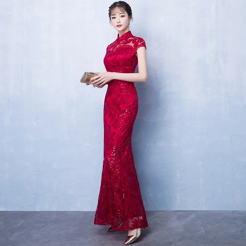 Woman Retro Oriental Slim Long Mermaid Cheongsam Chinese Style Vintage Qipao Toast Clothing Elegant Wedding Party Dresses