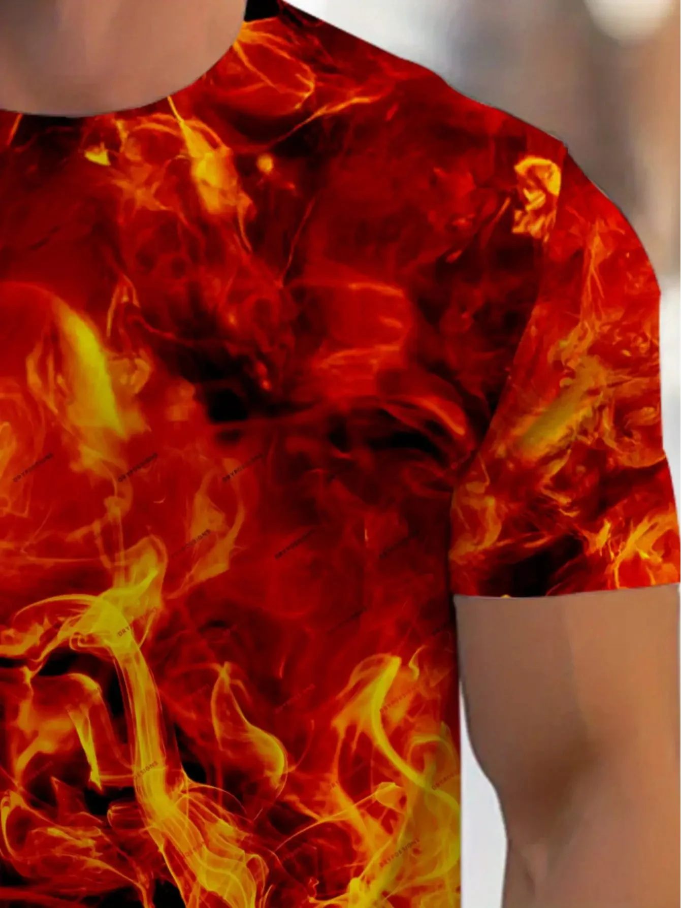 Men Short Sleeve T‑Shirt Full‑Print Burning Fire Flame Red Orange Hot‑Style Crew Neck Tops