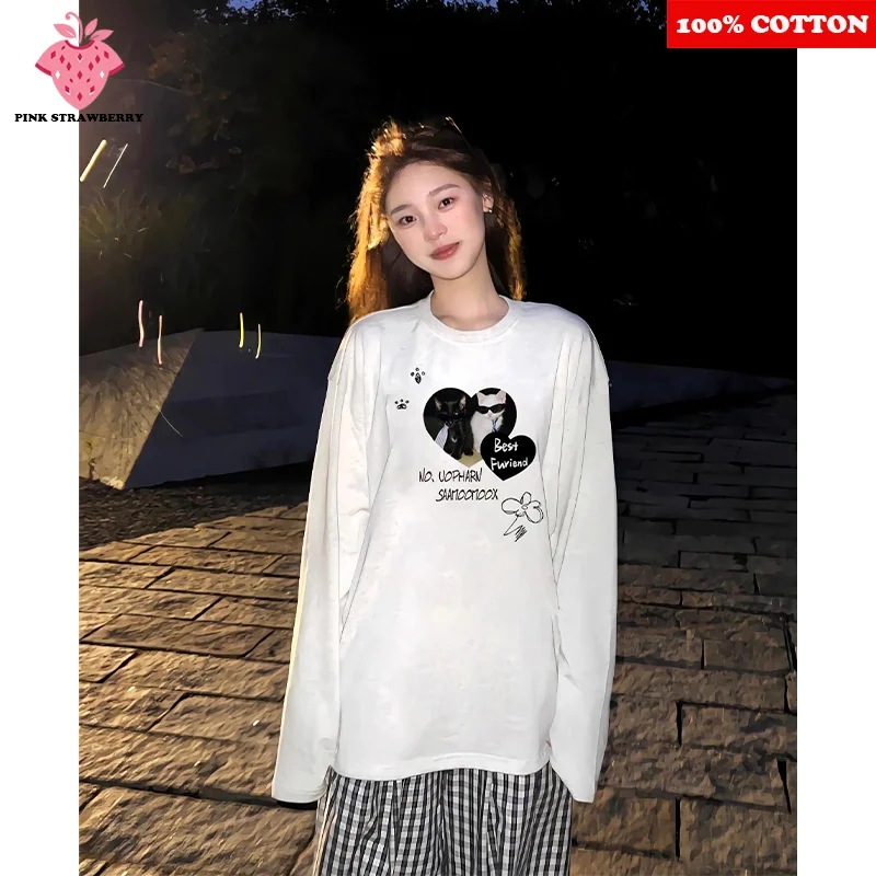 

American Cute Kitten Print T-shirt Women Autumn Winter 2025 New 100% Cotton White Oversize Loose T-shirt Top Y2k Ladies clothing