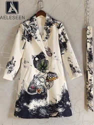 AELESEEN Autumn Winter Vintage Trench For Women Runway Fashion Double-breasted Printed Belt High Street Long Coat Female