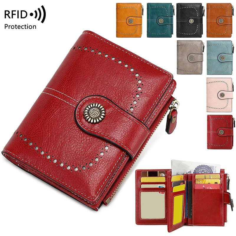 Portfel retro z zabezpieczeniem przed kradzieżą RFID dla kobiet, zamek na wiele kart, klamra na zamek błyskawiczny, modny portfel na monety, wielofunkcyjny krótki portfel