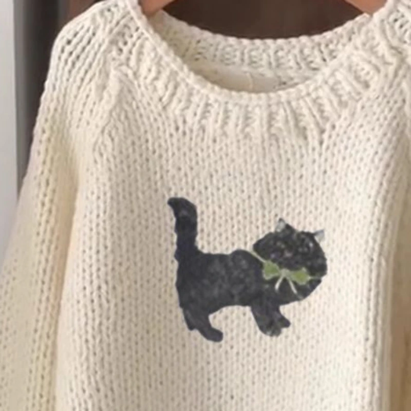 2025 Cat Printing Kawaii Cute Sweater for Women Autumn Clothing All Match Pull Femme Fashion Preppy Style Casual Loose Jumper