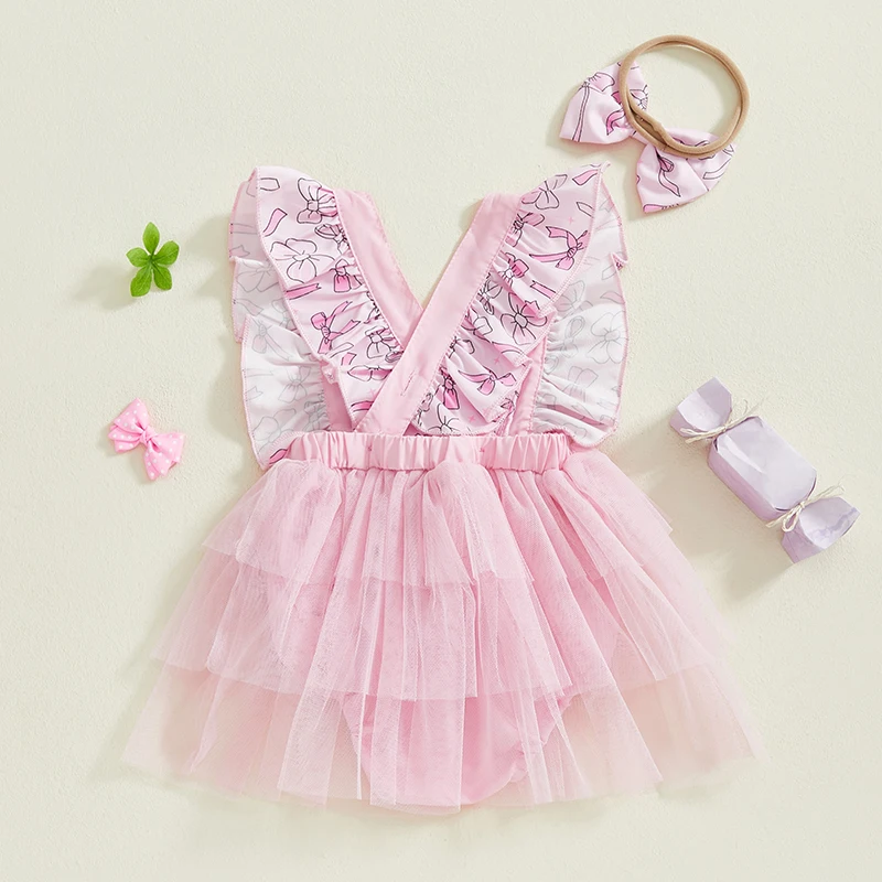 

Adorable Baby Girl Set Flutter Sleeve Floral Romper with Tulle Skirt and Matching Headband Summer Outfit for Newborns