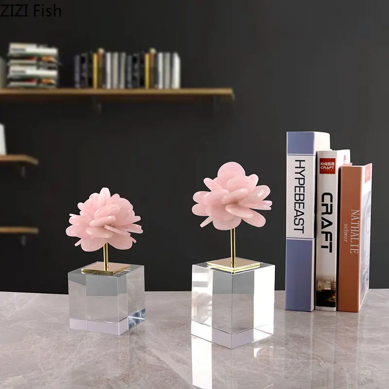 Crystal Petal Floral Shape Crafts Ornaments Desk Decoration Pink Flower Crystal Base Sculpture Modern Room Aesthetics Decor