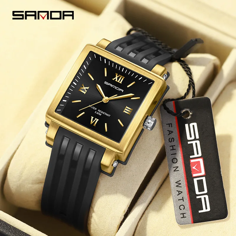 

SANDA 3208 Trendy Model Soft Silicone Strap Rectangle Shape Dial Roman Number Waterproof Quartz Movement Analog Wrist Watch