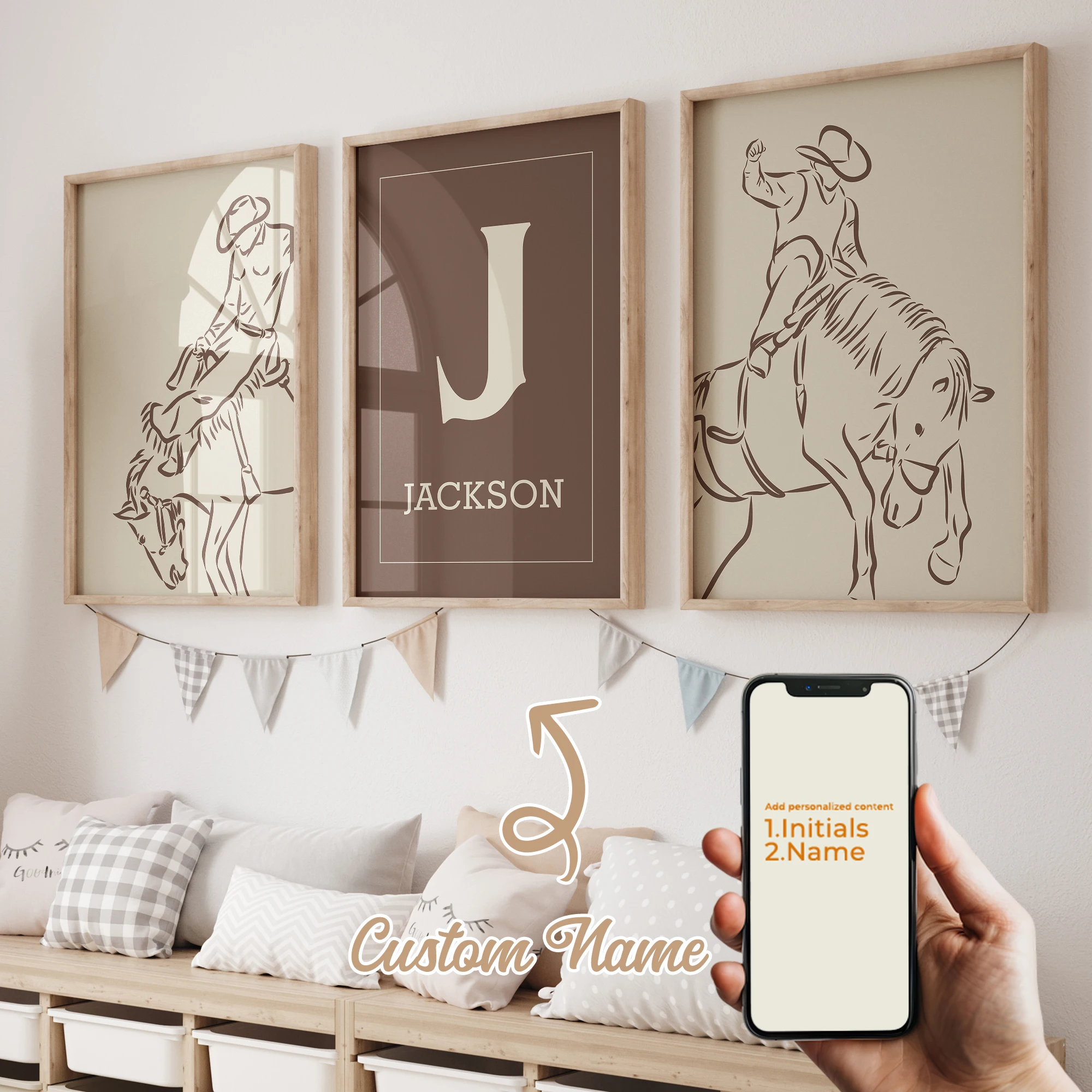 

Набор из 3 персонализированных холстов с именем и мультяшным изображением лошади, настенный арт-принт, постер, картина для гостиной, домашний декор