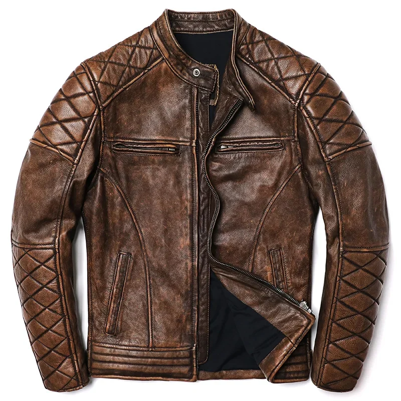 

2024 New Camel Vintage Biker Leather Jacket Men's 100% Natural Genuine Cowhide Slim Fit Motorcycle Jackets Coat Size S-5XL