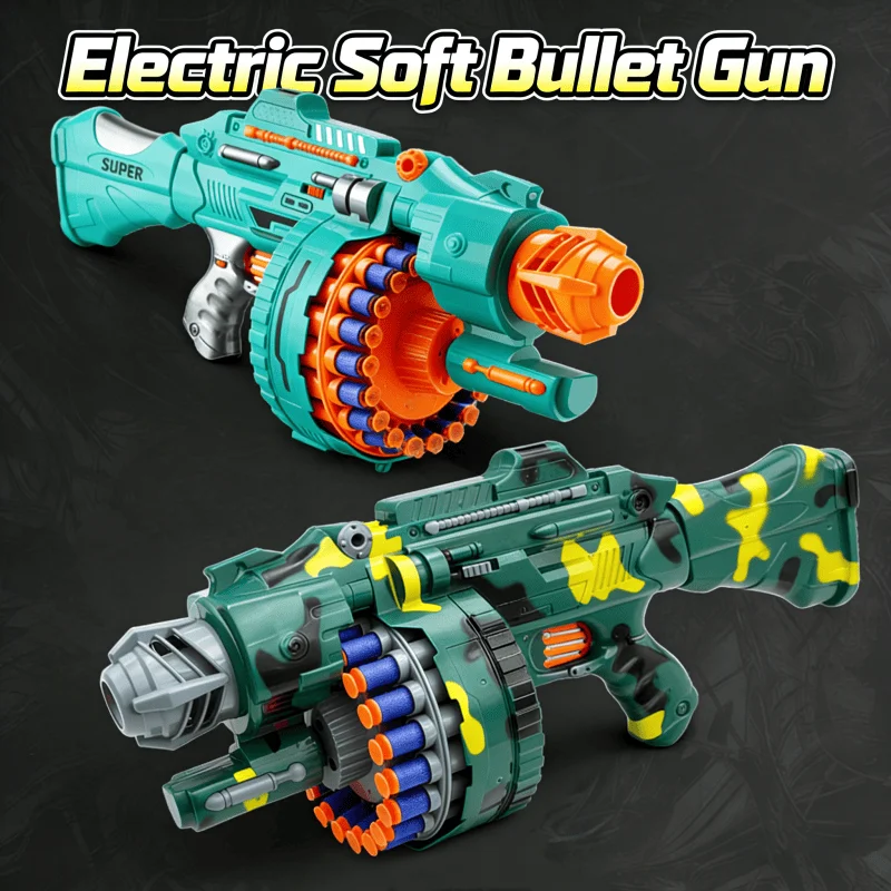 

Игрушечный пистолет Nerfs Gatling с электрической системой непрерывной стрельбы, мягкими пулями и дротиками с присосками из EVA для детей и мальчиков, идеальный подарок