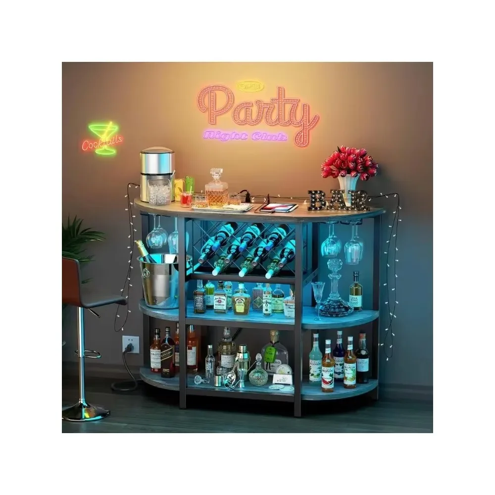 

Bar cabinet with power outlet, LED home mini bar cabinet, metal bar stand with 4 layers of storage, easy to assemble