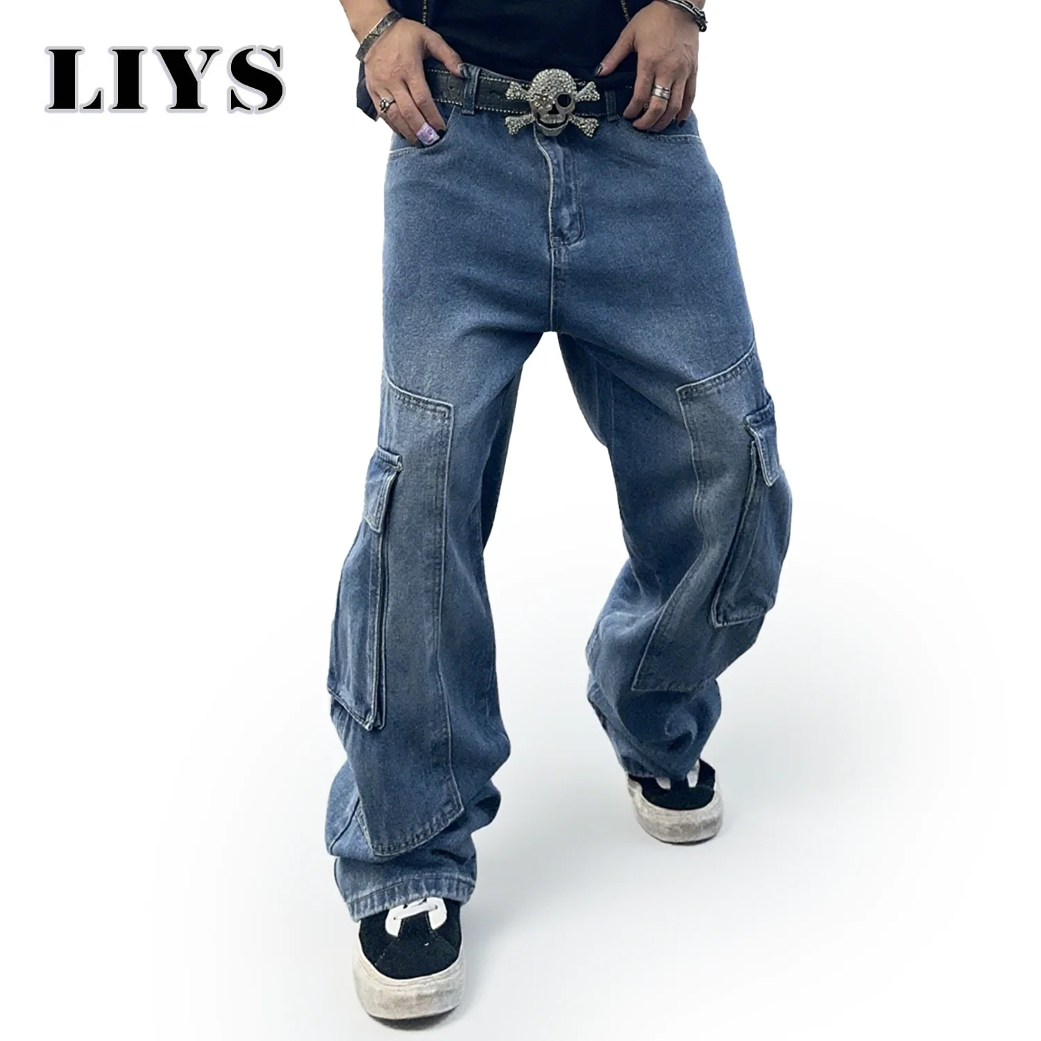 

Blue Denim Work Pants with Multiple Pockets for Men Suitable for All Seasons Straight Leg Style Loose and Wide Leg Fit New Style
