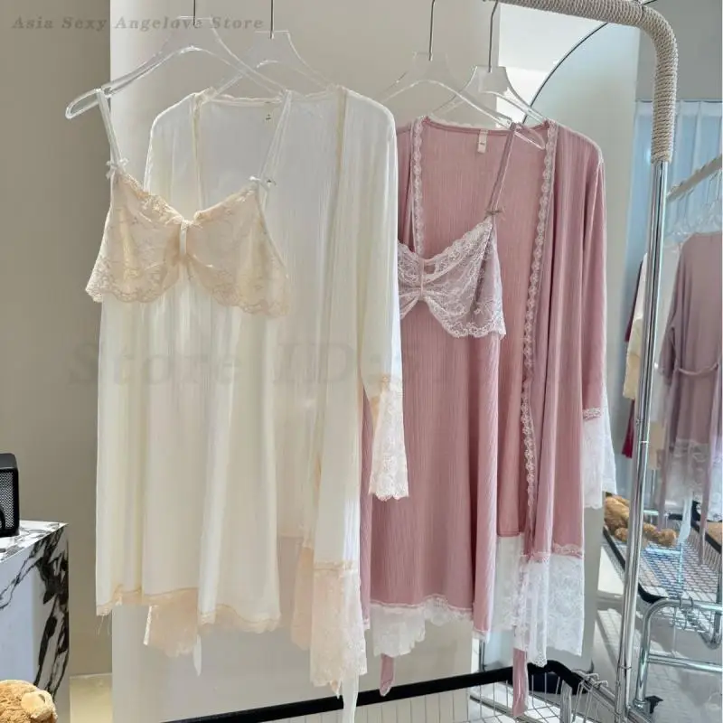 

Women Home Clothes Sleeping Nightdress White Nightgown Modal Lingerie Patchwork Lace Chemise Sleepwear Summer Twinset Robe Set