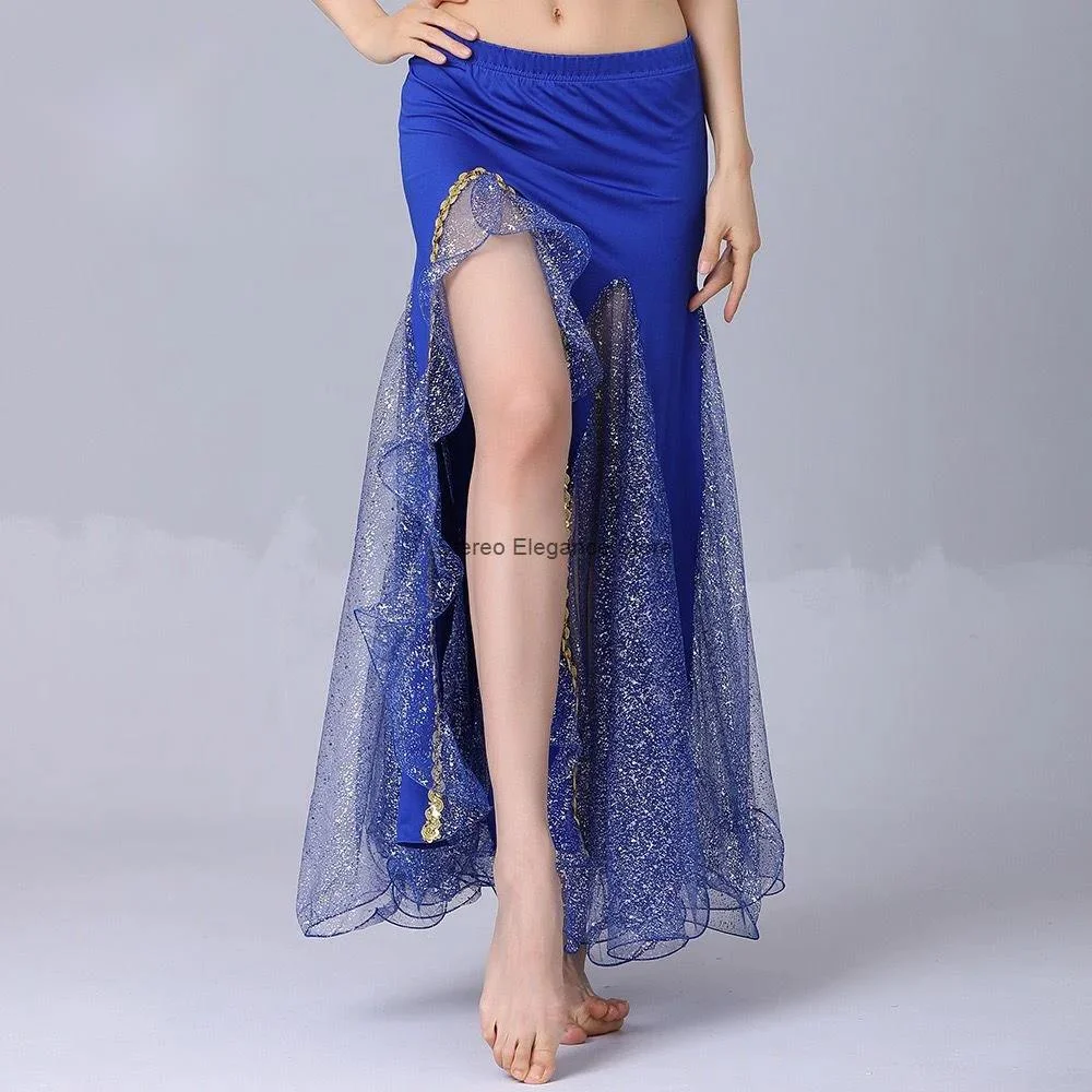 2023 New Belly Dancing Stage Performance Costume Skirt Oriental Dance Dress Split Hip Wrap Fishtail Sequins Yarn Dress