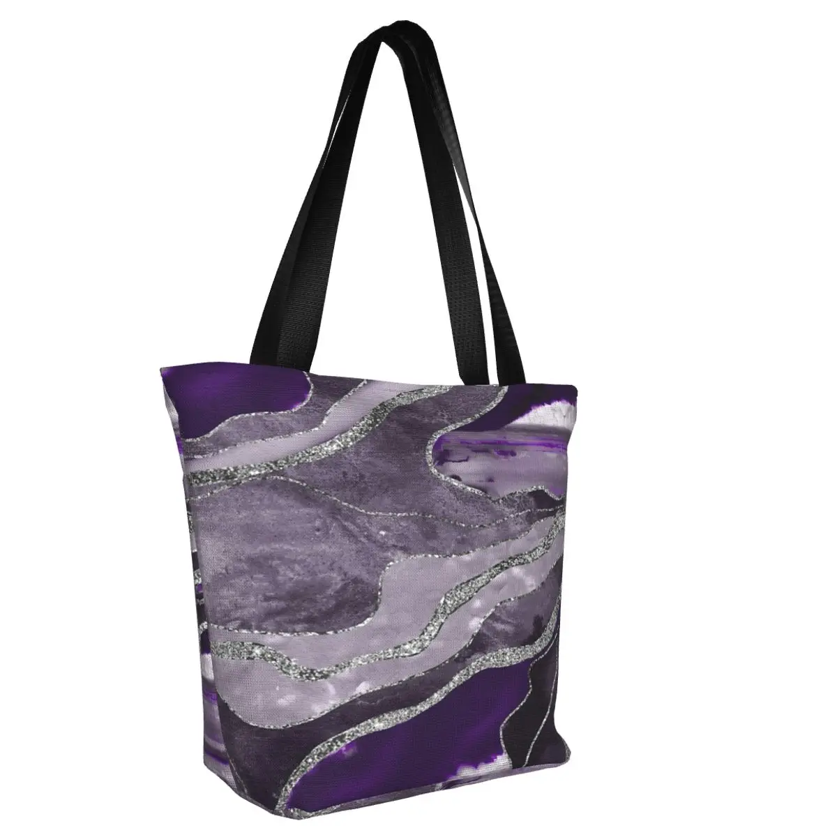 Dark Violet Marble Agate Silver Glam Casual Shoulder Tote Shopping Bag Portable Zip Pocket Bag For Fitness Birthday Gift