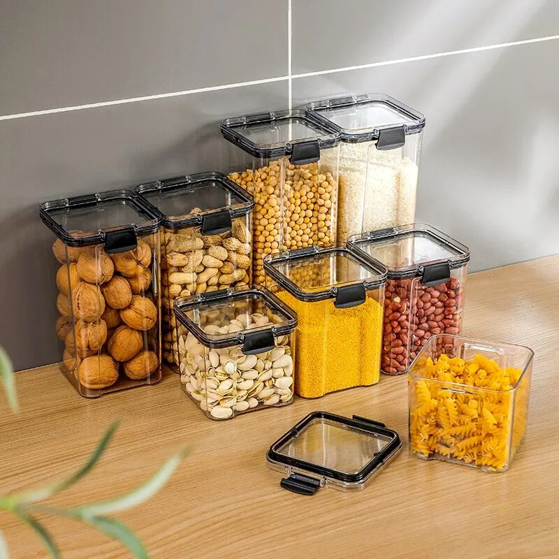 1Pcs Food Storage Box Plastic Clear Container Set With Pour Lids Kitchen Grids Dry Goods Storage Bottles Jars Dried Grains Tank