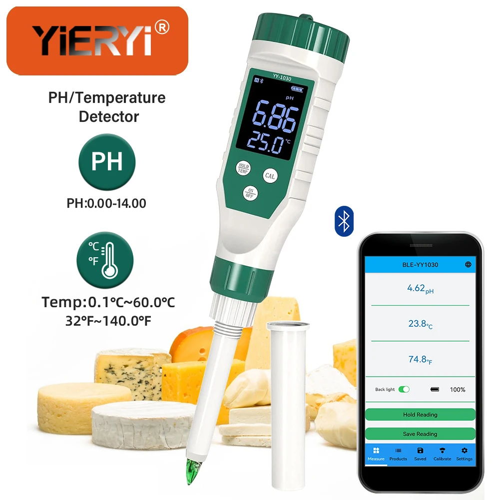 

Yieryi Cheese PH Meter Smart Bluetooth LCD Digital Food PH Tester Support BT App for Brewing Fruit Milk Meat Canning