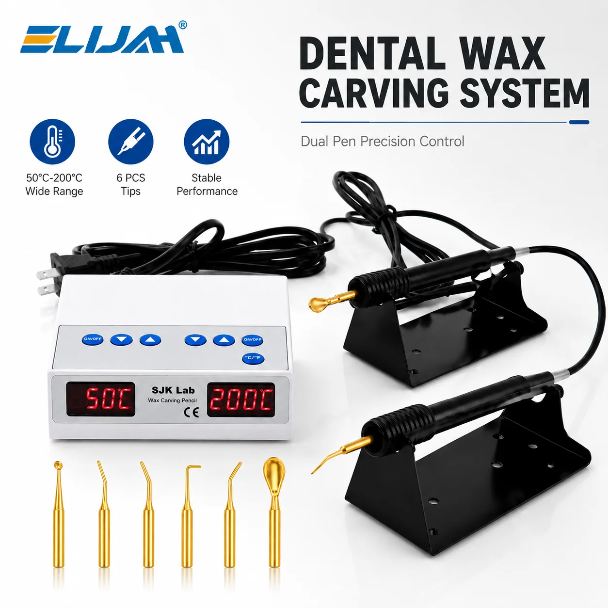 SJK Dental Electric Wax Carving System Dual Pen Wax Knife Heater Digital Temperature Control 6 Tips Dental Laboratory Equipment