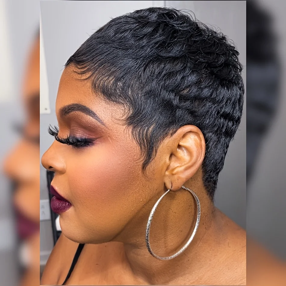 

натуральный черный цвет для женщин, парик для повседневного использования на вечеринке, парик с стрижкой пикси, короткий прямой многослойный парик из человеческих волос, машинное производство