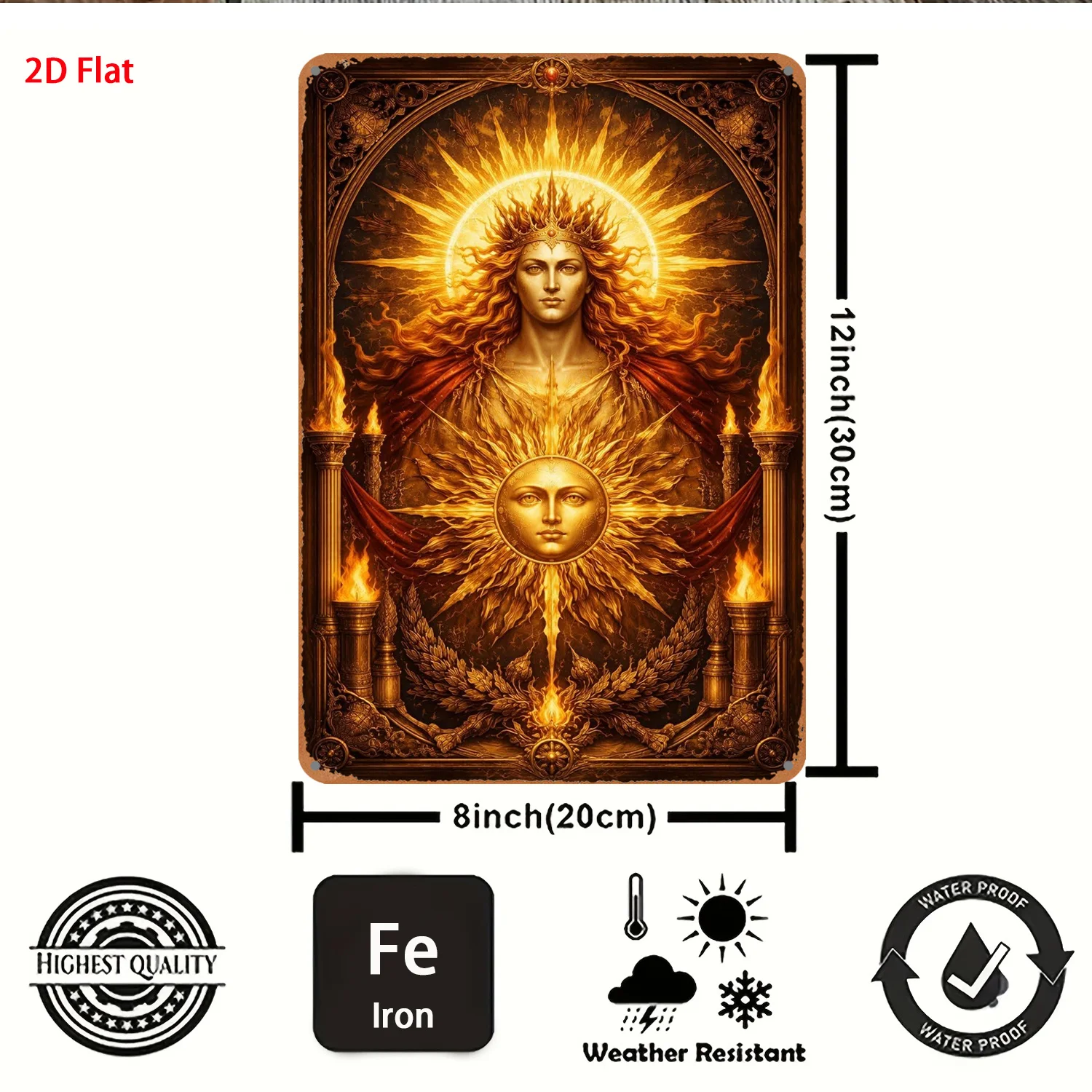 2D Vintage Metal Wall Art, Sun Goddess Golden Flame Crown Classical Religious Mural, Pre-Drilled Hanging Decor for Living Room B