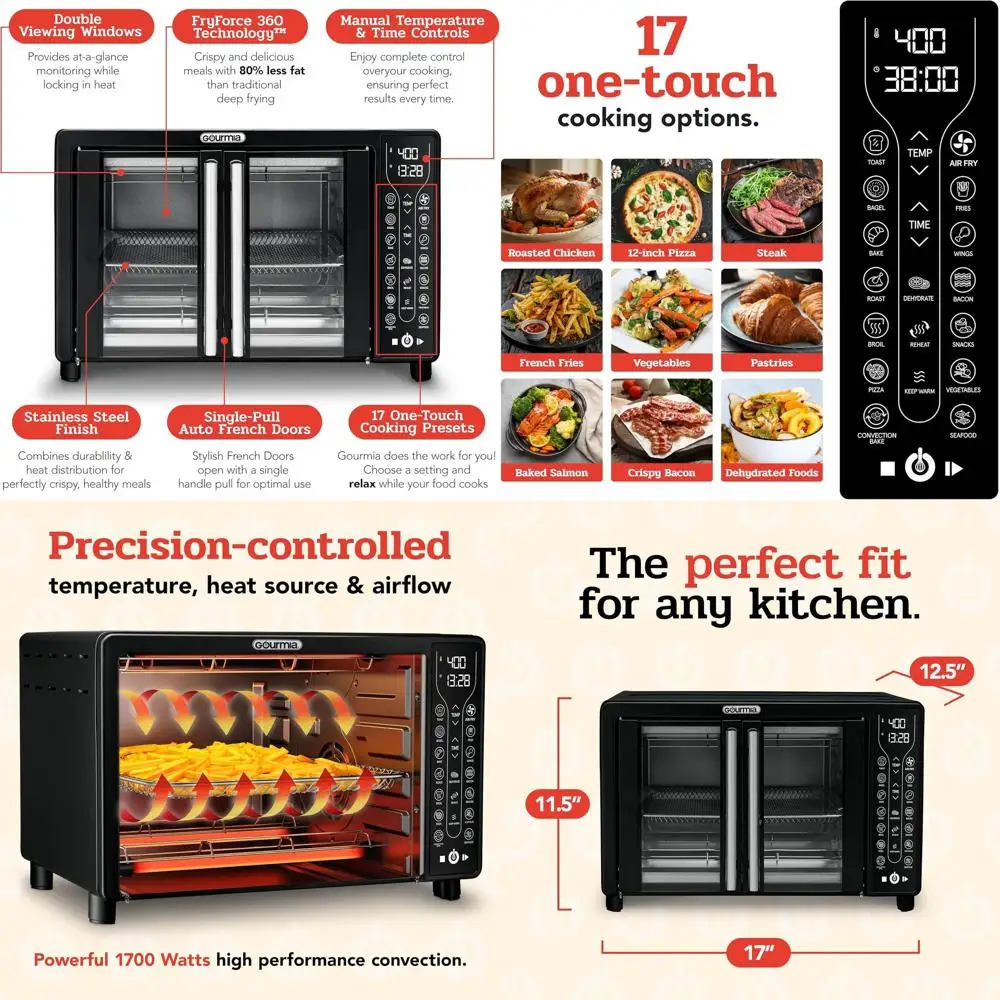

Gourmia 17-Preset Air Fryer Toaster Oven, 1700W, 24L, Black, with Accessories and Recipe Book