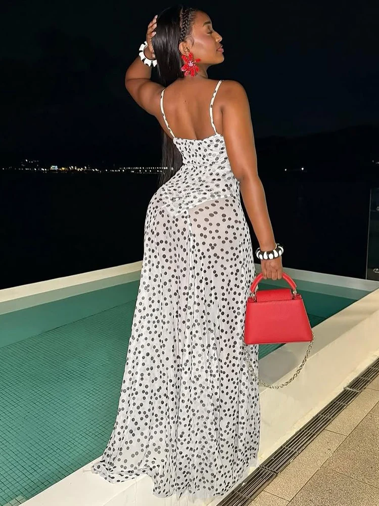 Macheda Ruches Elegante Maxi Jurk Vrouwen Sexy See Hoewel Stippen Print Lage Hals Backless Mode High Street Style vestidos