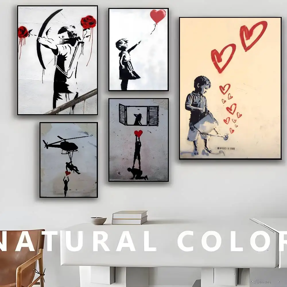 Banksy Graffiti Girl With Red Balloon Poster Retro Kraft Paper Sticker DIY Room Bar Cafe Aesthetic Art Wall Painting