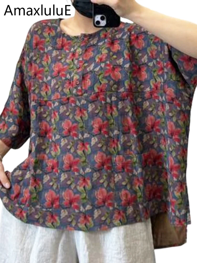 

Amax LuluE British Design Leisure Oversized Shirts Females Vintage Loose O Neck Top Womens Summer Classic Fashion Floral Blouses