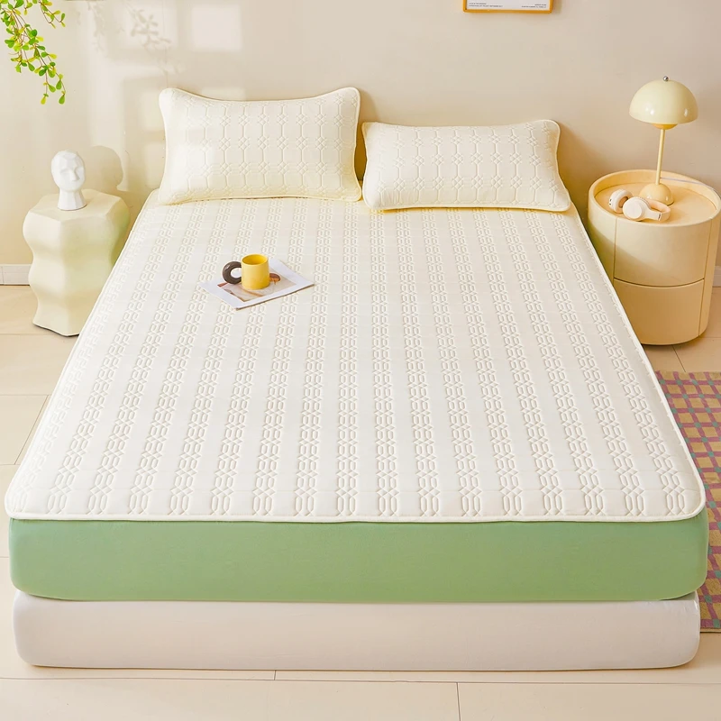 Solid Color Fitted Sheet Set Home Textile Single Double Bedspread White Green Mattress Cover with Pillowcases Luxury Bedding Set