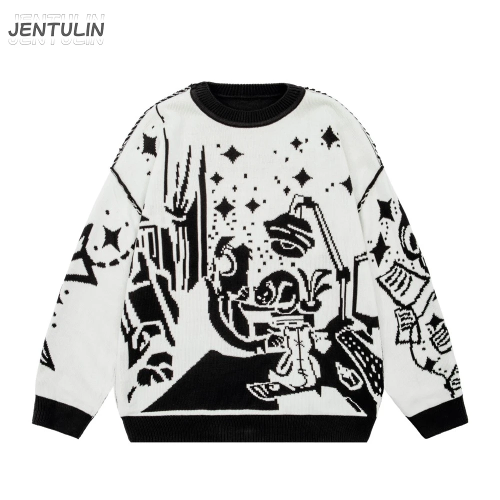 Oversized Sweater Men Women Harajuku Anime Girl Graffiti Vintage Knitted Sweater Jumper Winter Unisex Cotton Pullover Streetwear