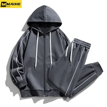 ชุดกีฬาผู้ชายสำหรับฤดูใบไม้ร่วงและฤดูหนาว2023ใหม่แจ็คเก็ตลำลองทรงหลวมอบอุ่นและนุ่ม + กางเกงขายาวชุดฟิตเนสผู้ชายสไตล์ใหม่