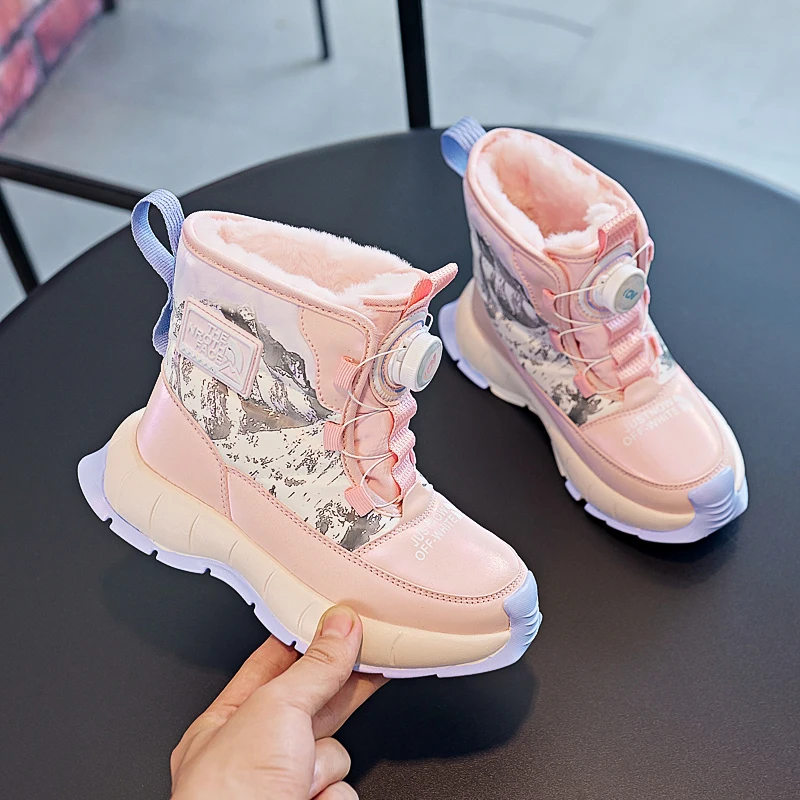 Stivali da neve invernali per bambini Fibbia rotante Stivaletti per bambini in peluche caldo per esterni Tendenza Scarpe alte in cotone viola per ragazze Ragazzi