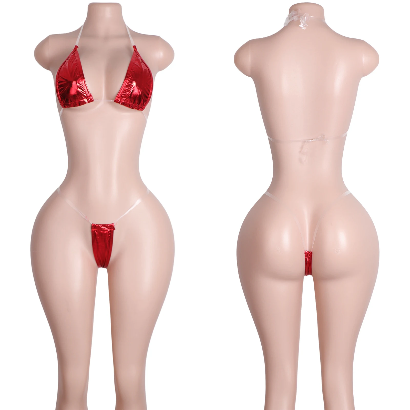 

Thong 2-Piece Sheer Lace-Up Bra Patent Leather Exotic Dancewear Stripper Outfits Performance Wear Clubwear Rhinestone Bodysuits