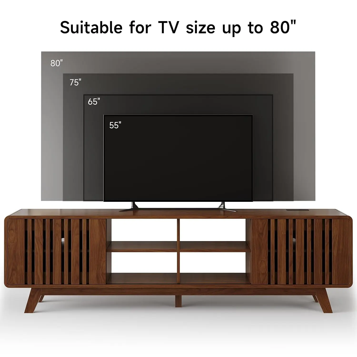 70" Mid Century Modern TV Stand for TVs Up to 85", Walnut Media Console with Power Outlet, Sliding Grille Doors & Open Shelves