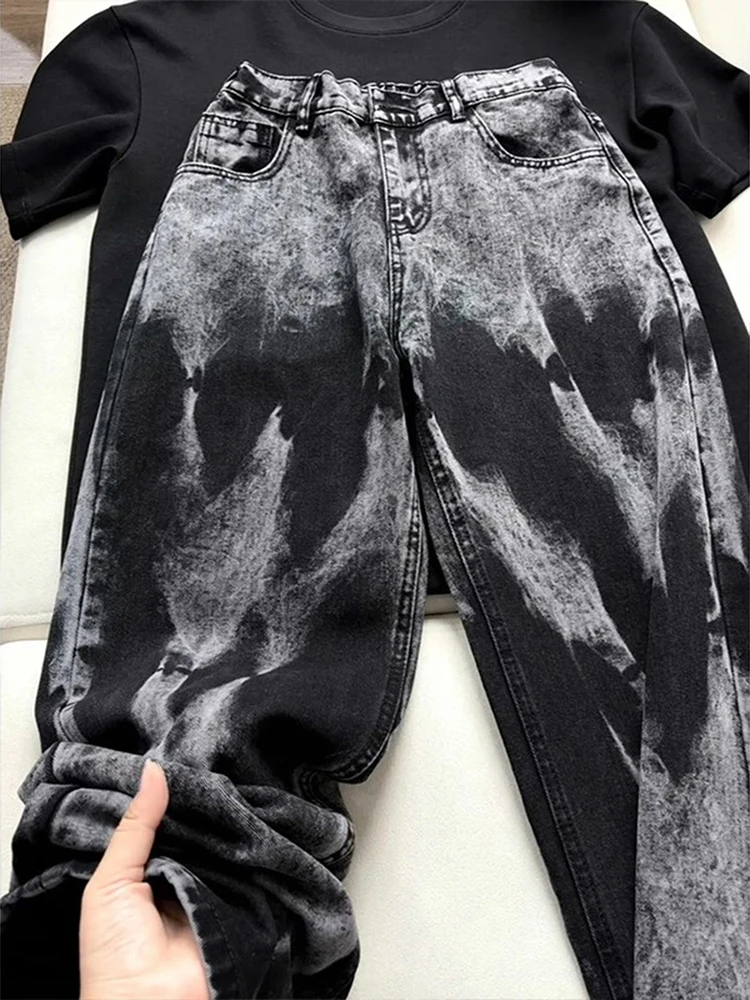 Bla Tie Dye Jeans Men's Spring Autumn Tall Extended Micro Flared Pants Unique Design Straight Blade Jeans Casual Loose Fit