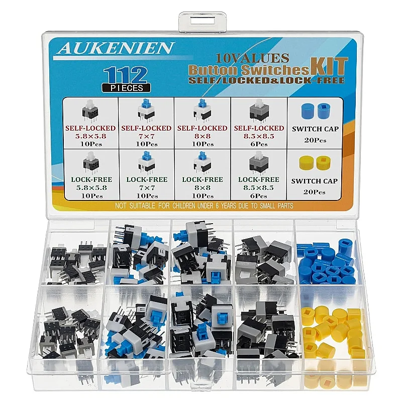

AUKENIEN 10 Value 112 Pieces DPDT Self-Locking Push Button Switch and Tactile Locking Assortment Kit with Button Cap