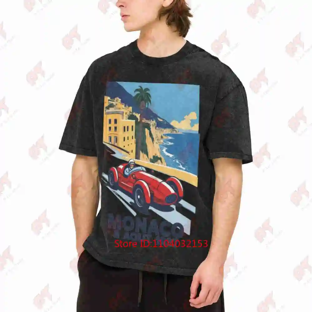 Monaco 1937 Retro Racing Artwork Vintage Washed Tee Pure Cotton T-Shirt