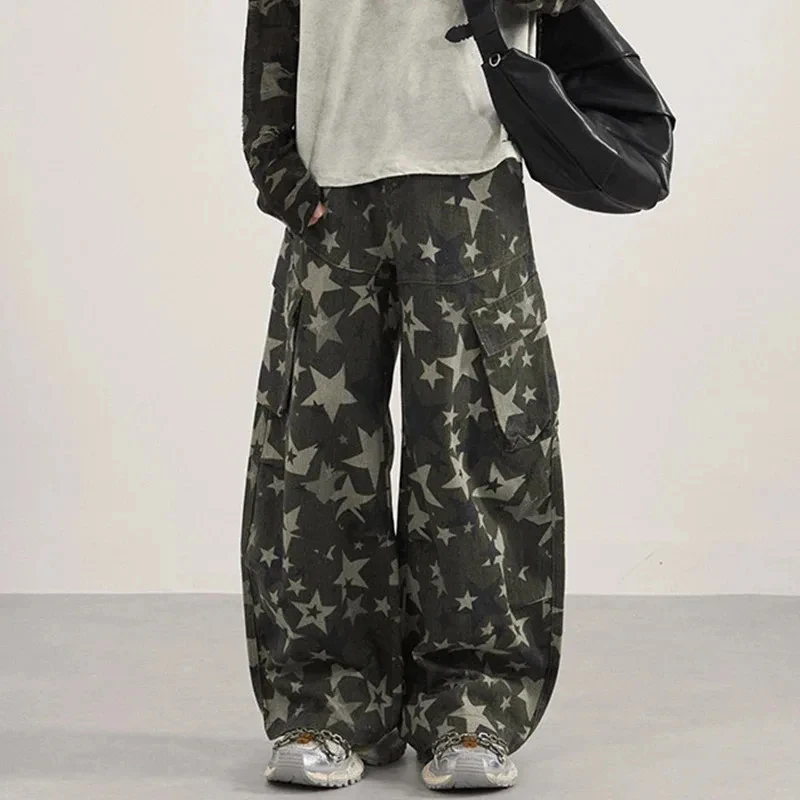 Pantalones Casuales de Diseño Exclusivo para Hombre, Camuflaje con Estampado de Estrellas, Contraste de Color, Silueta con Bolsillos Laterales, Pantalones Cargo Masculinos